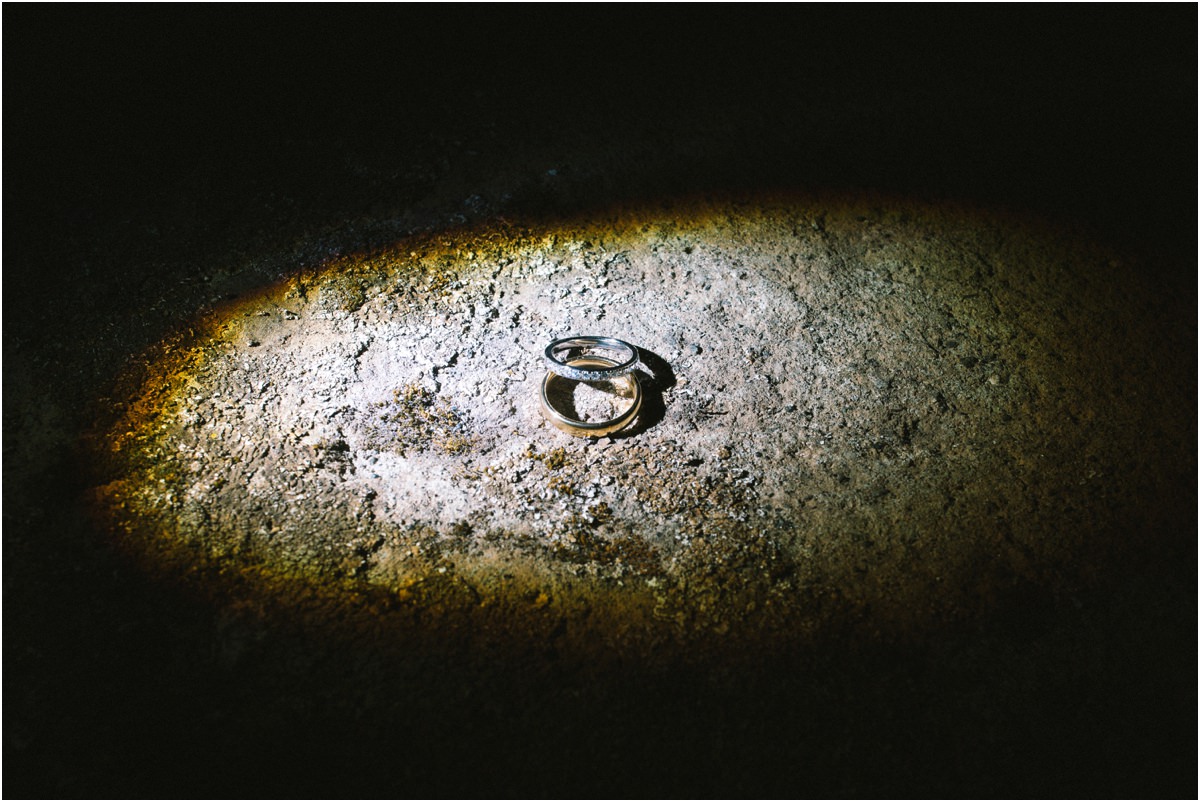 Wedding Rings of Miriana and Angus Wedding rings of Miriana and Angus resting on stone in a pool of light