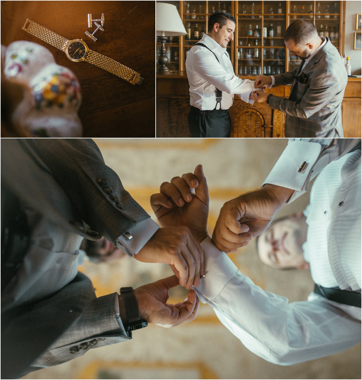 Groom Getting Ready: Watch and Cufflinks Groom Alessio getting ready at Villa Grazioli: gold watch and cufflinks, and a family member fastening his shirt cuffs