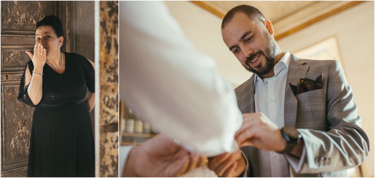 Family Emotions While the Groom Gets Ready A family member moved to tears while a guest in a grey suit helps groom Alessio with his cufflinks