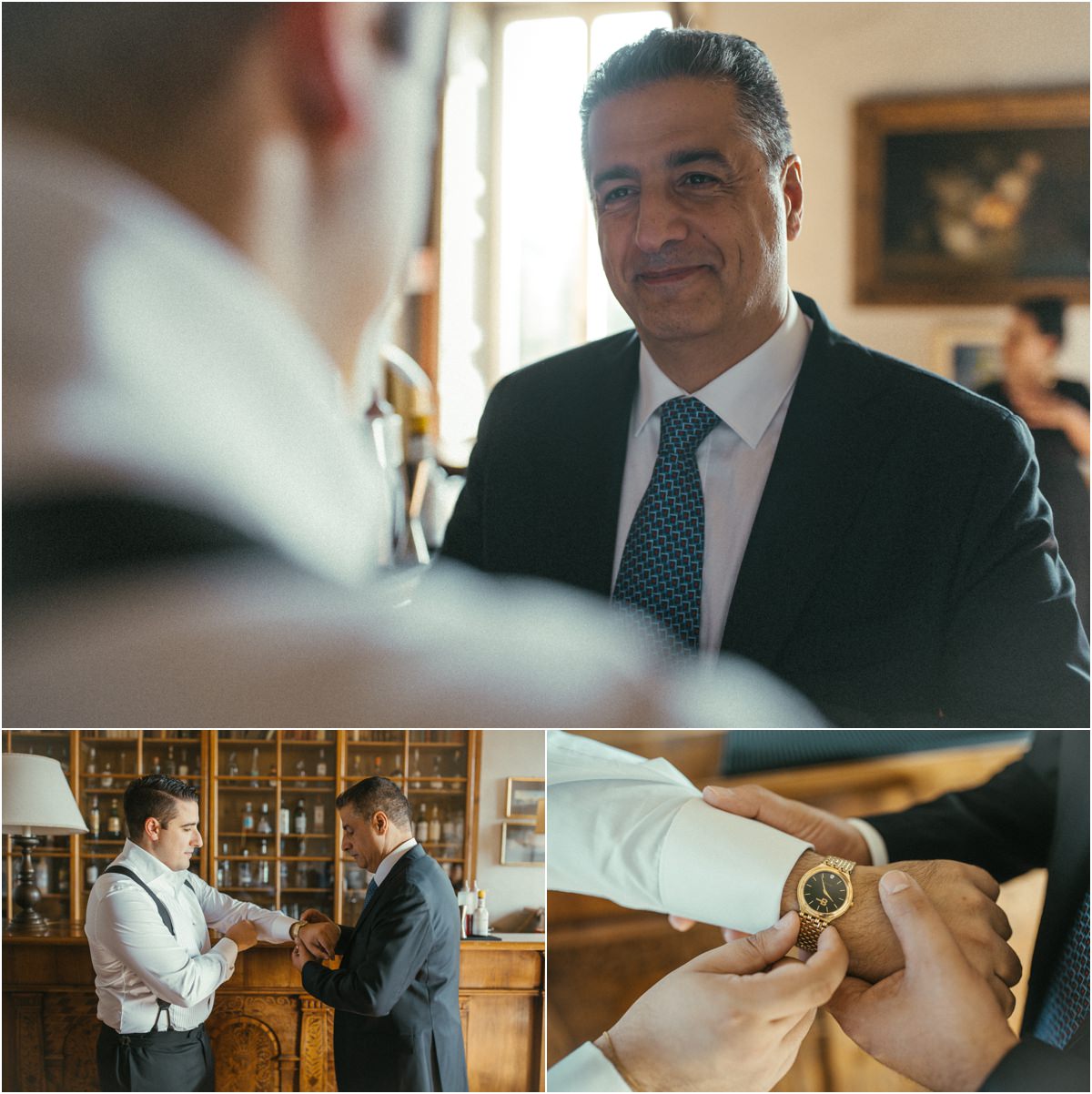 The Groom and his Gold Watch A family member in a dark suit smiling at groom Alessio, and the gold watch fastened on his wrist
