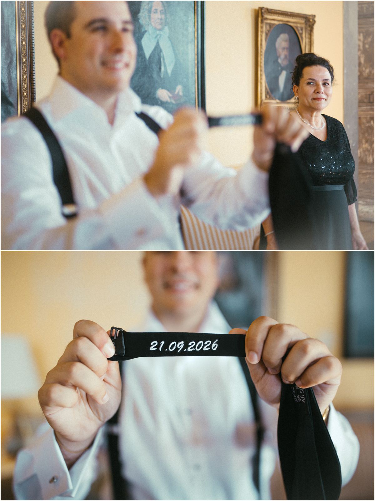 Wedding Date Stitched in the Bow Tie Groom Alessio holding his bow tie with the wedding date 21.09.2026 stitched on the strap