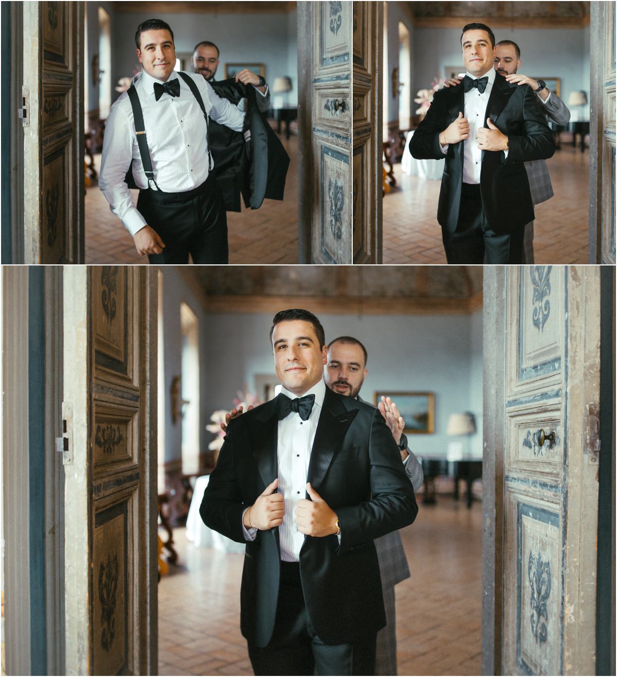 Groom Putting on his Tuxedo Jacket Groom Alessio putting on his black tuxedo jacket with help, between the painted doors of Villa Grazioli