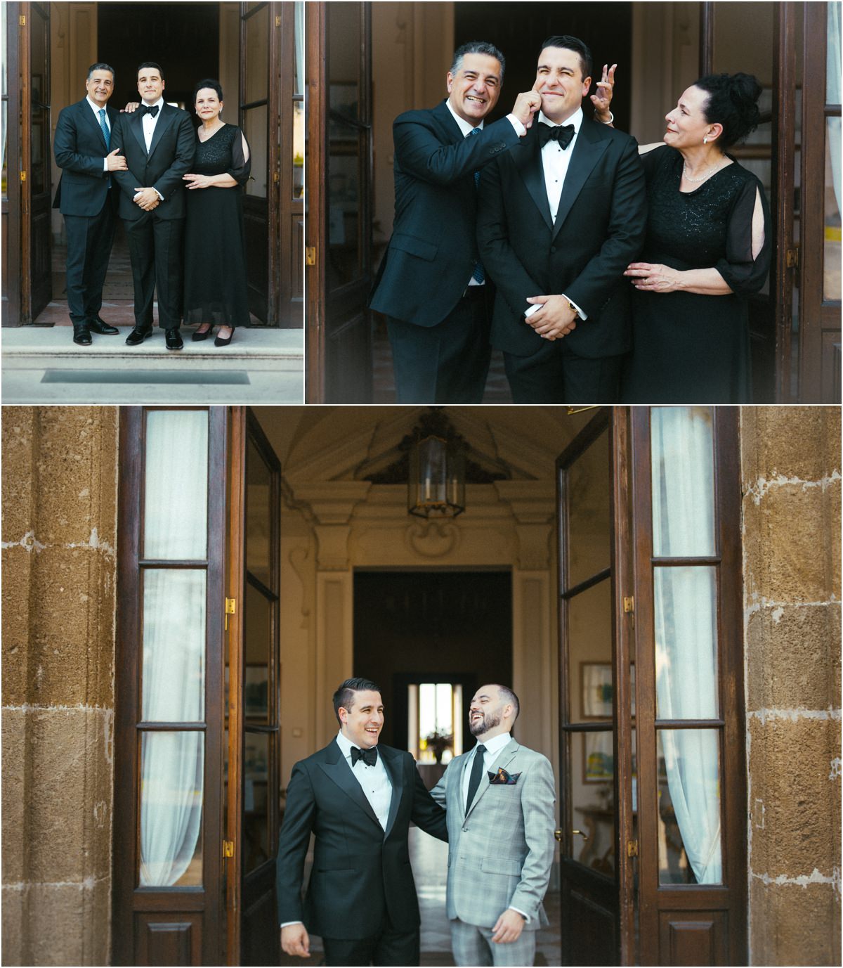 Laughs Before the Ceremony Groom Alessio laughing with family members at the entrance of Villa Grazioli, one of them pinching his cheek