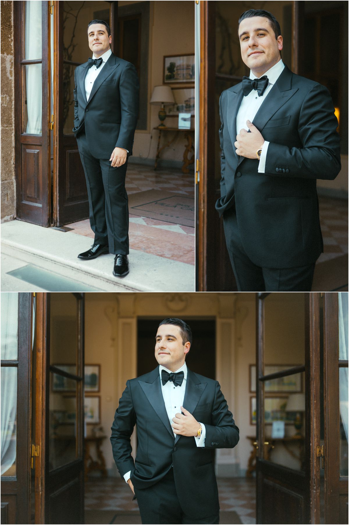 Groom Portrait at the Villa Door Portraits of groom Alessio in black tuxedo standing at the entrance door of Villa Grazioli