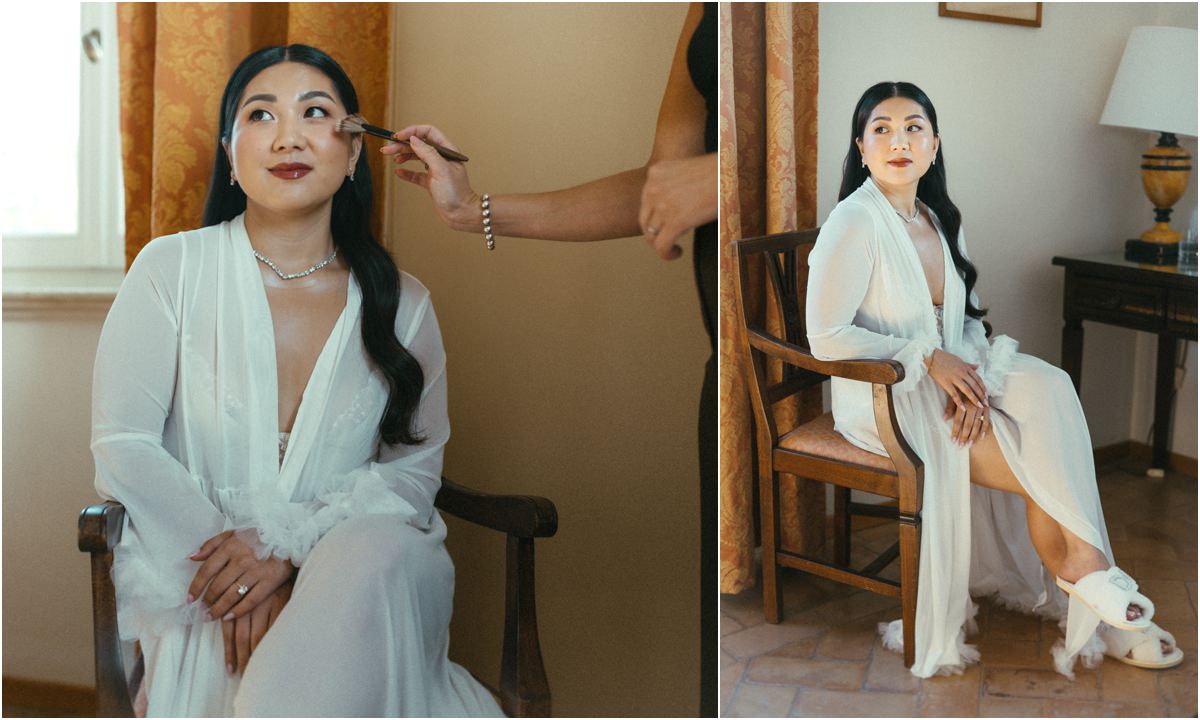 Leah Getting Ready: Make-up Bride Leah in a white robe having her make-up done in a room of Villa Grazioli
