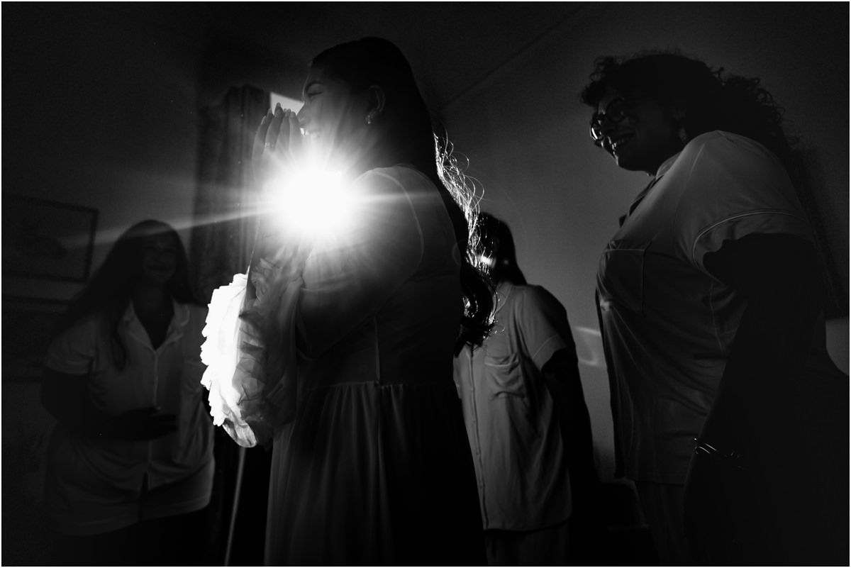 Bride and Bridesmaids, Backlit Black and white backlit photo of bride Leah with her bridesmaids during the getting ready