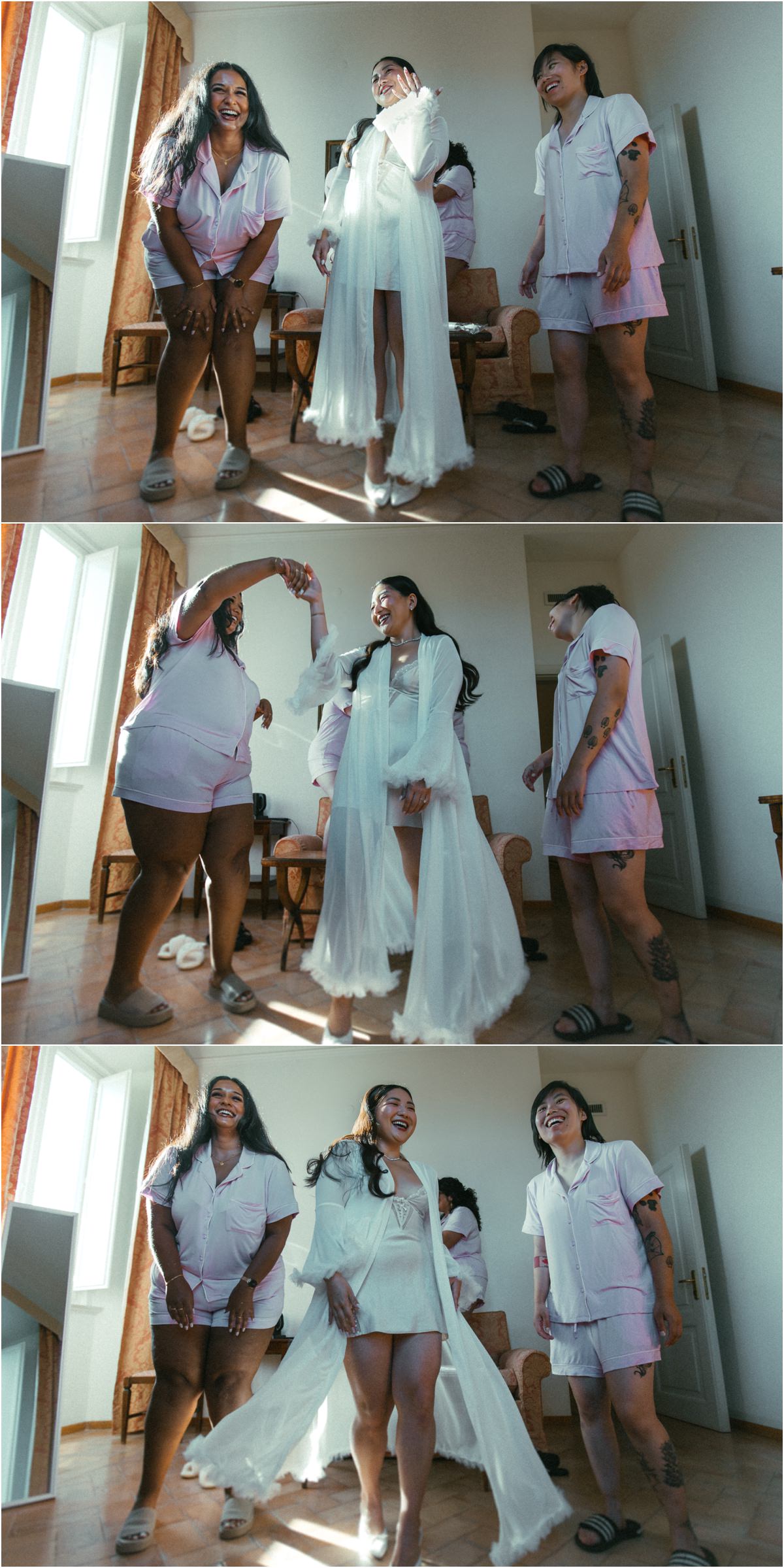 Bridesmaids Dancing in Pyjamas Bridesmaids in matching pyjamas dancing and laughing with bride Leah during the getting ready at Villa Grazioli
