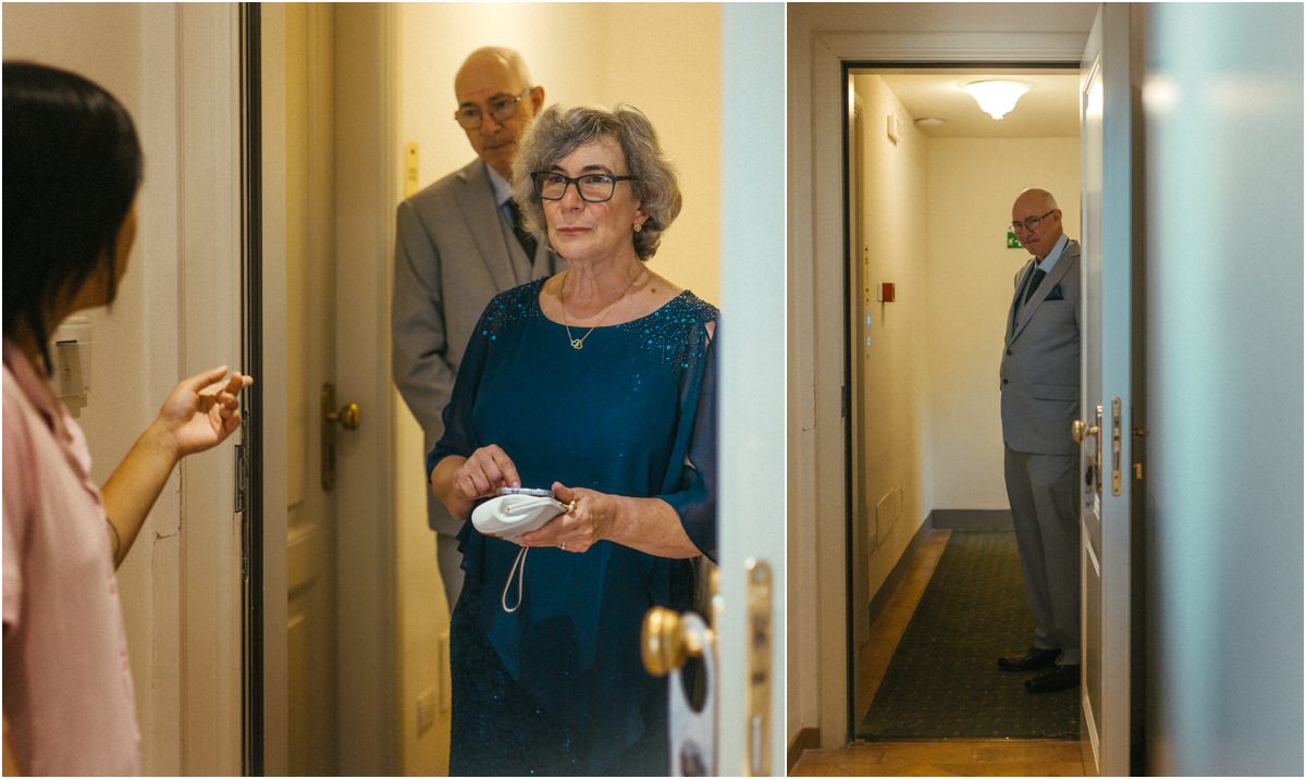 Family Arriving at the Bride's Room Two family members arriving at the door of the bride's room, one holding a small gift