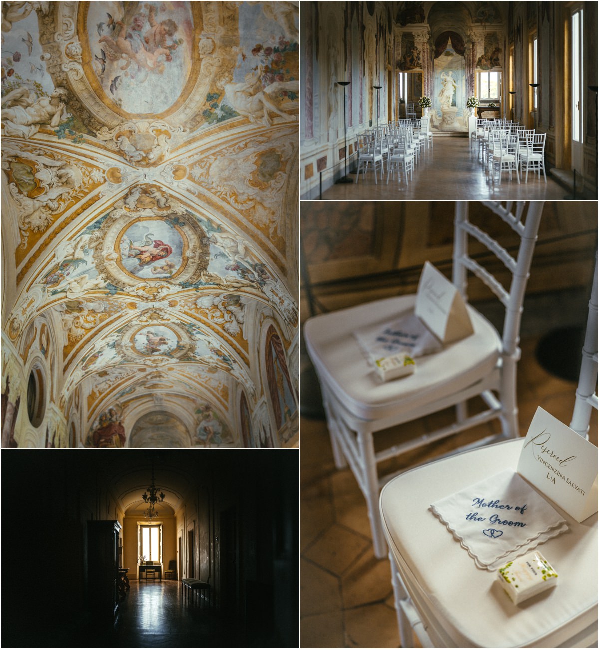 Pannini Gallery Ready for the Ceremony Frescoed ceiling of the Pannini Gallery at Villa Grazioli, white chairs set for the civil ceremony and an embroidered handkerchief on a chair