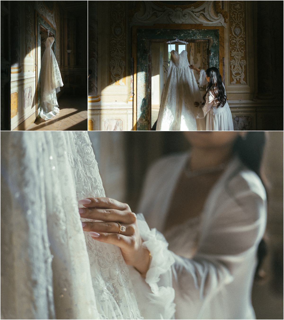 The Wedding Dress Lace wedding dress hanging in a frescoed room of Villa Grazioli, and Leah's hand with her engagement ring touching the fabric