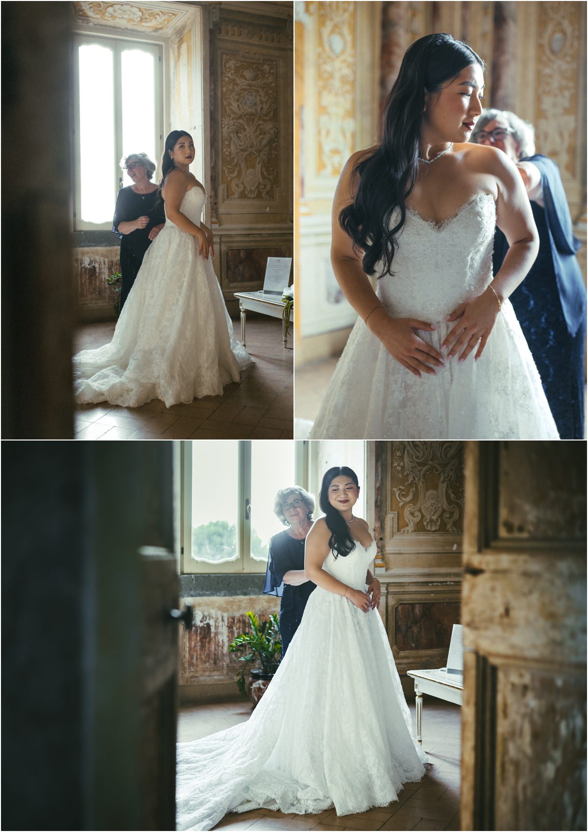 Lacing Up the Wedding Dress Bride Leah in a strapless lace gown while a family member laces up the back of the dress