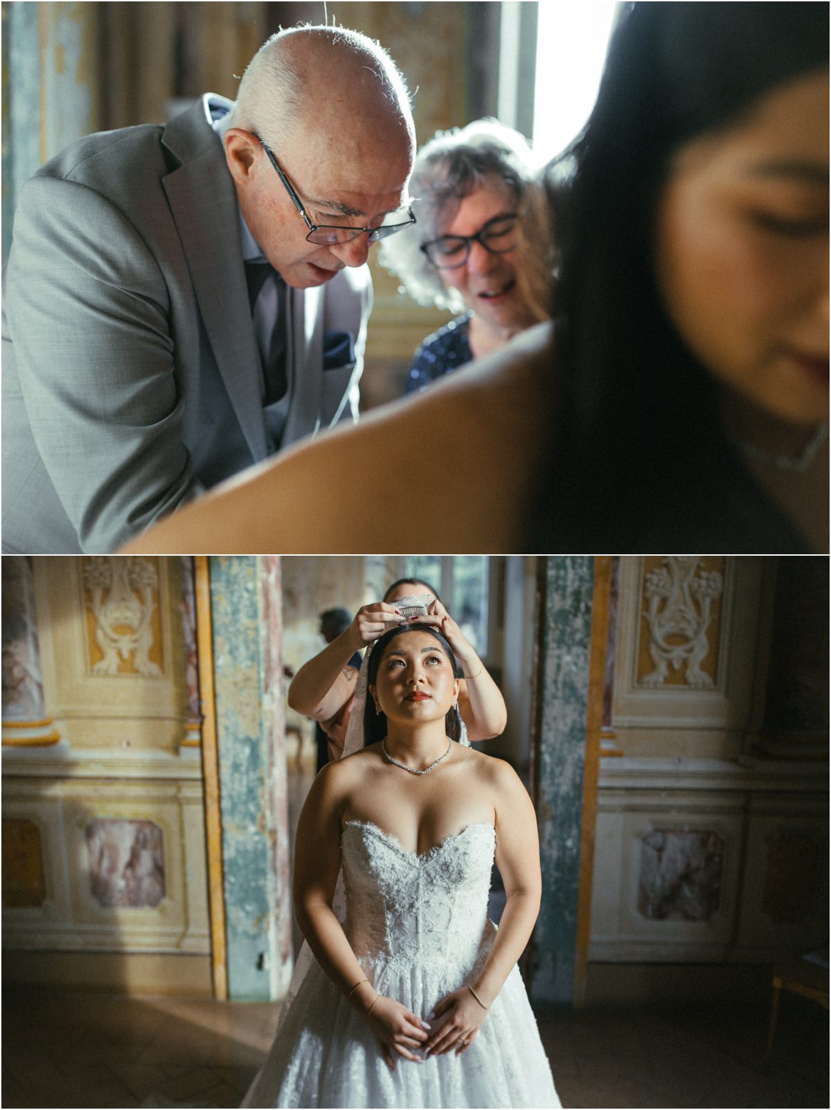 Last Help with the Dress and Veil Two family members fastening the back of bride Leah's dress, and the veil being placed on her head