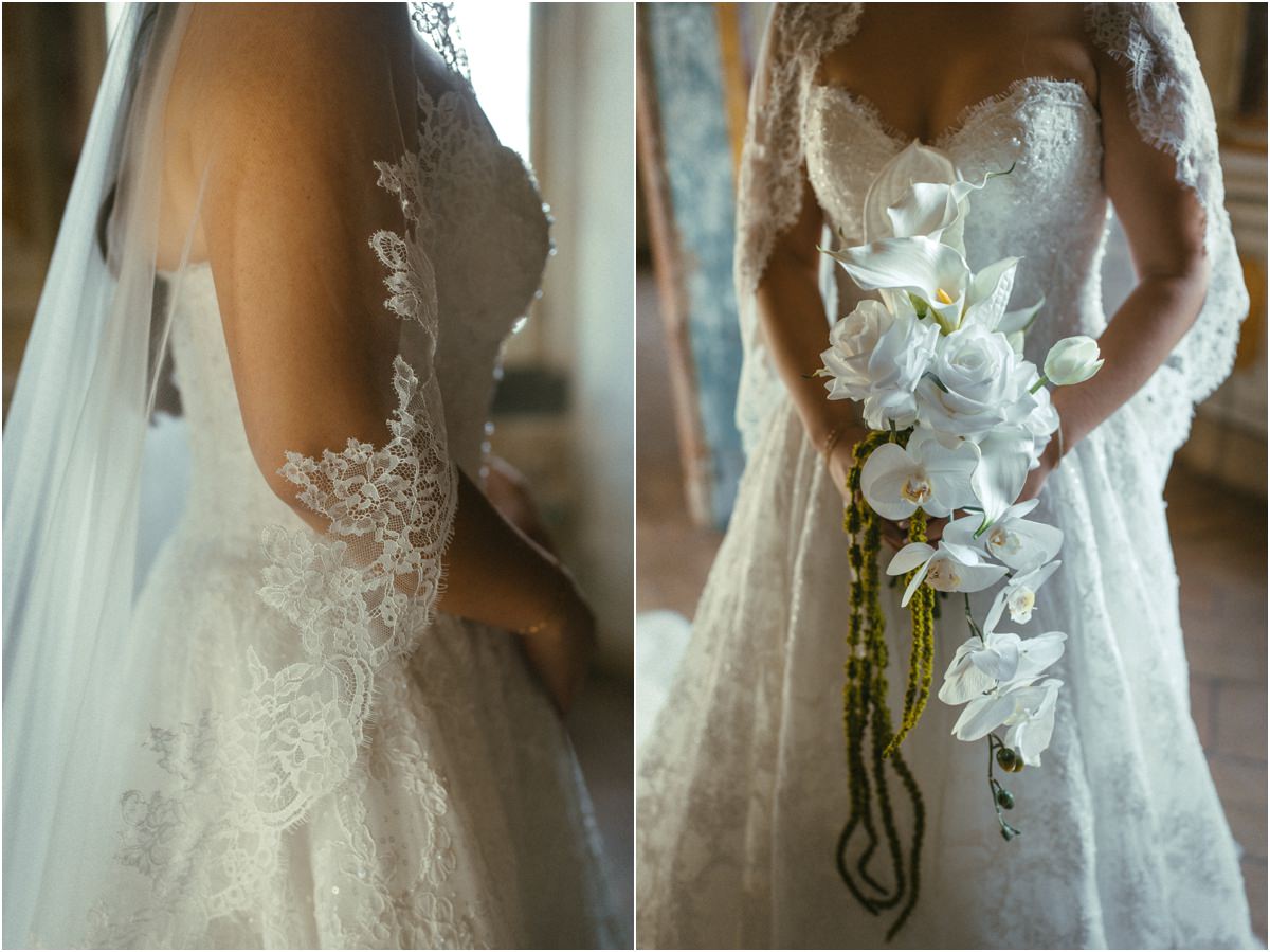Lace and Orchid Bouquet Detail of the lace wedding dress and Leah's cascading bouquet of white orchids