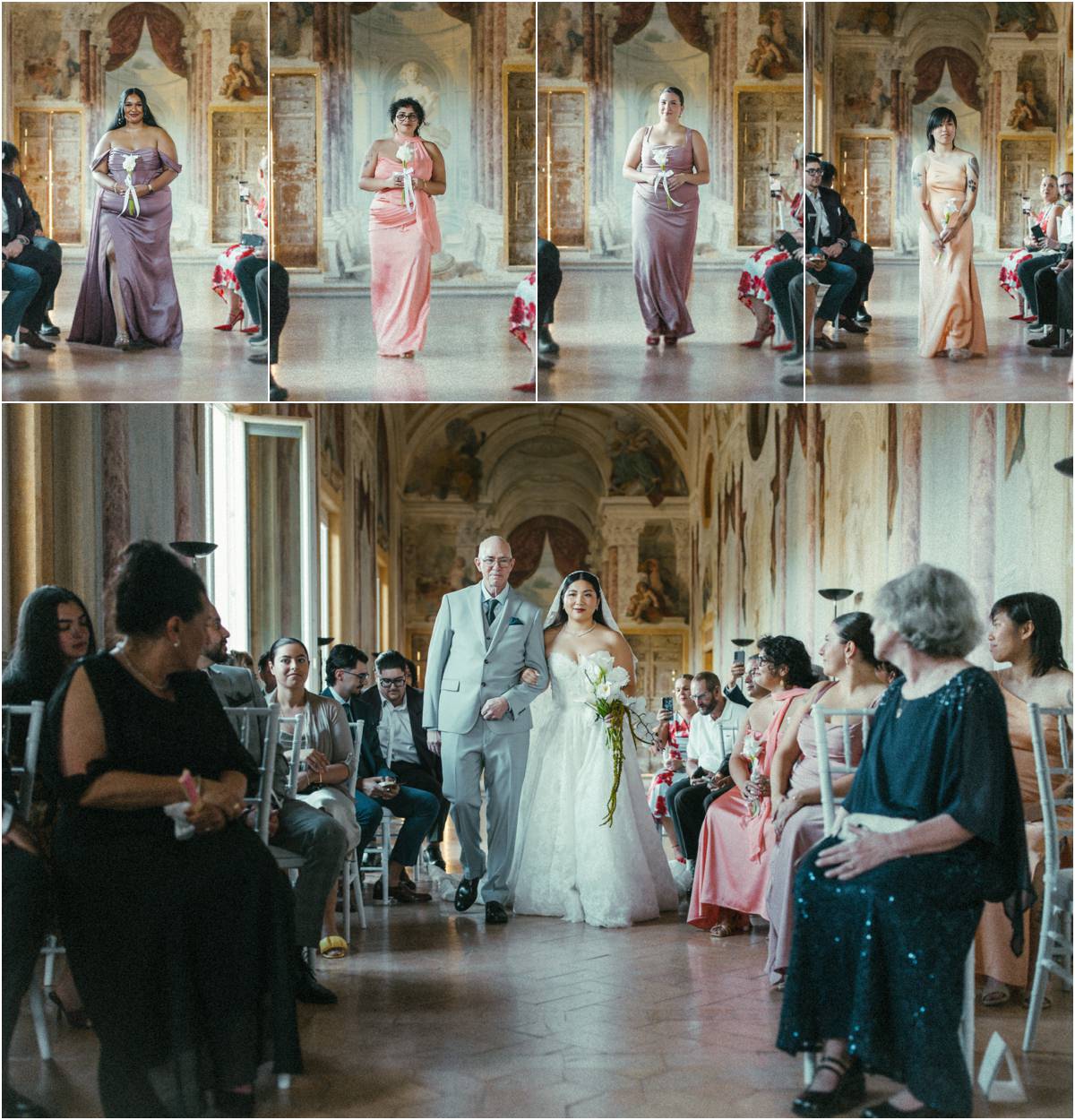 Bridesmaids and Bride Walking Down the Aisle Bridesmaids walking down the aisle one by one, then bride Leah arriving on the arm of a family member in the Pannini Gallery
