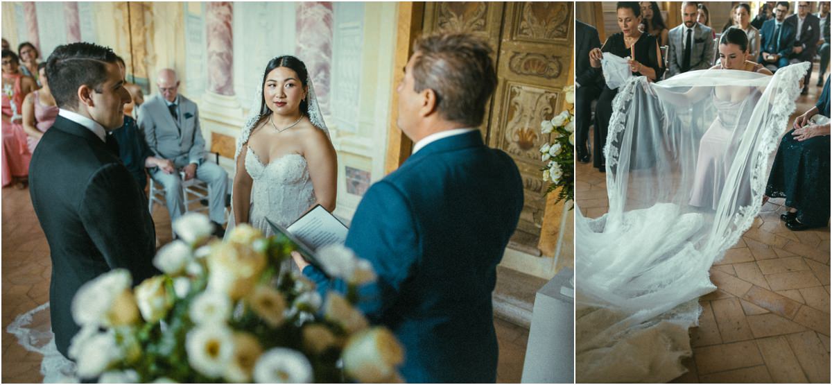 Bride Arriving at the Ceremony Bride Leah reaching groom Alessio and the officiant in the Pannini Gallery, and her lace veil settling on the floor