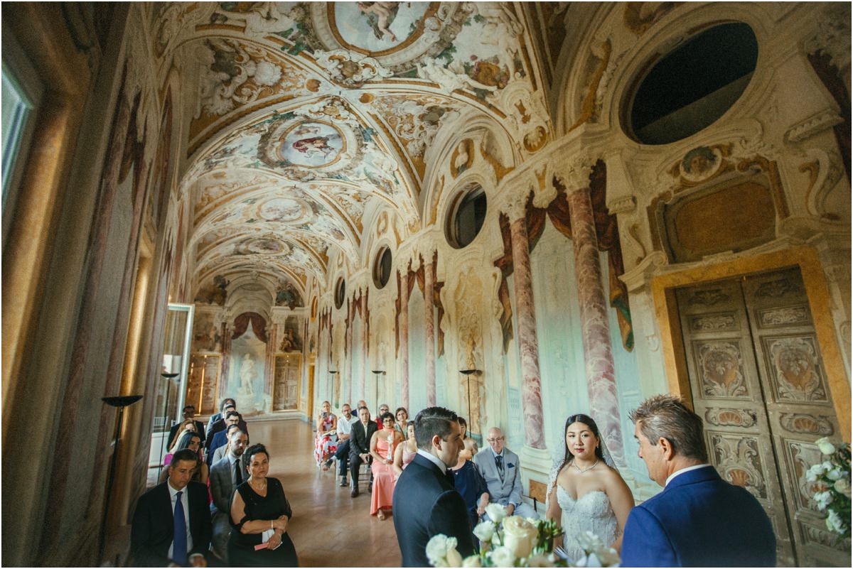 Civil Ceremony in the Pannini Gallery Wide view of the civil ceremony under the frescoed ceiling of the Pannini Gallery at Villa Grazioli, Grottaferrata