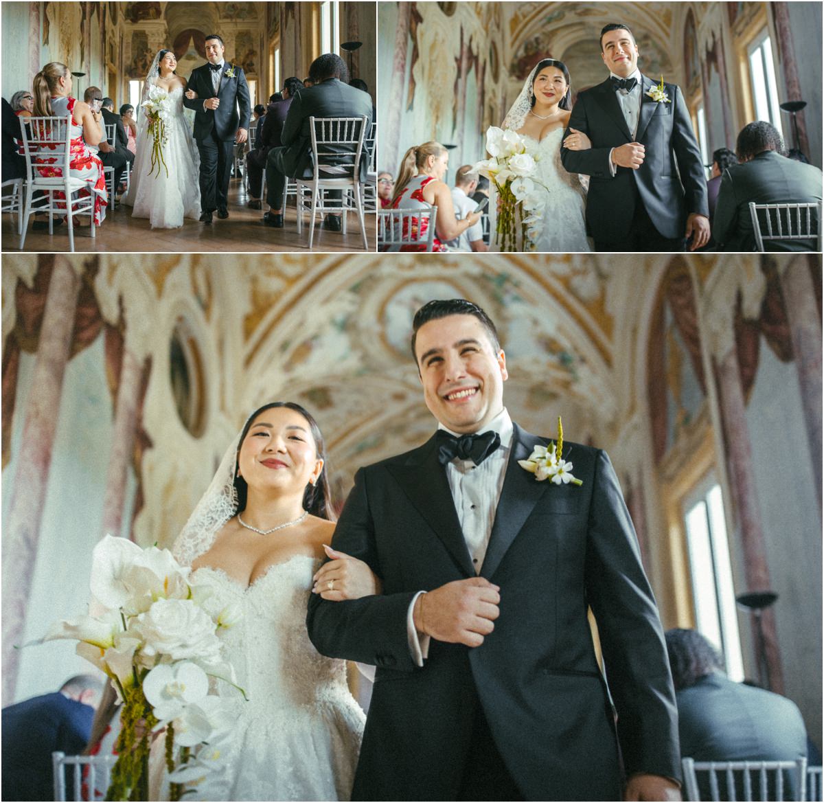 Just Married Down the Aisle Alessio and Leah walking back down the aisle as a married couple, Leah laughing with her orchid bouquet