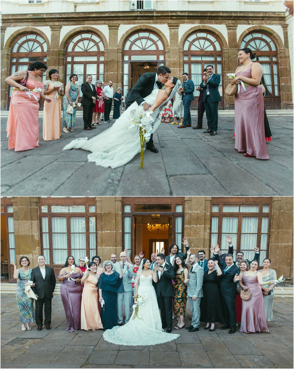 Group Photo in Front of Villa Grazioli Alessio and Leah kissing among the bridesmaids, and group photo with all the guests in front of Villa Grazioli