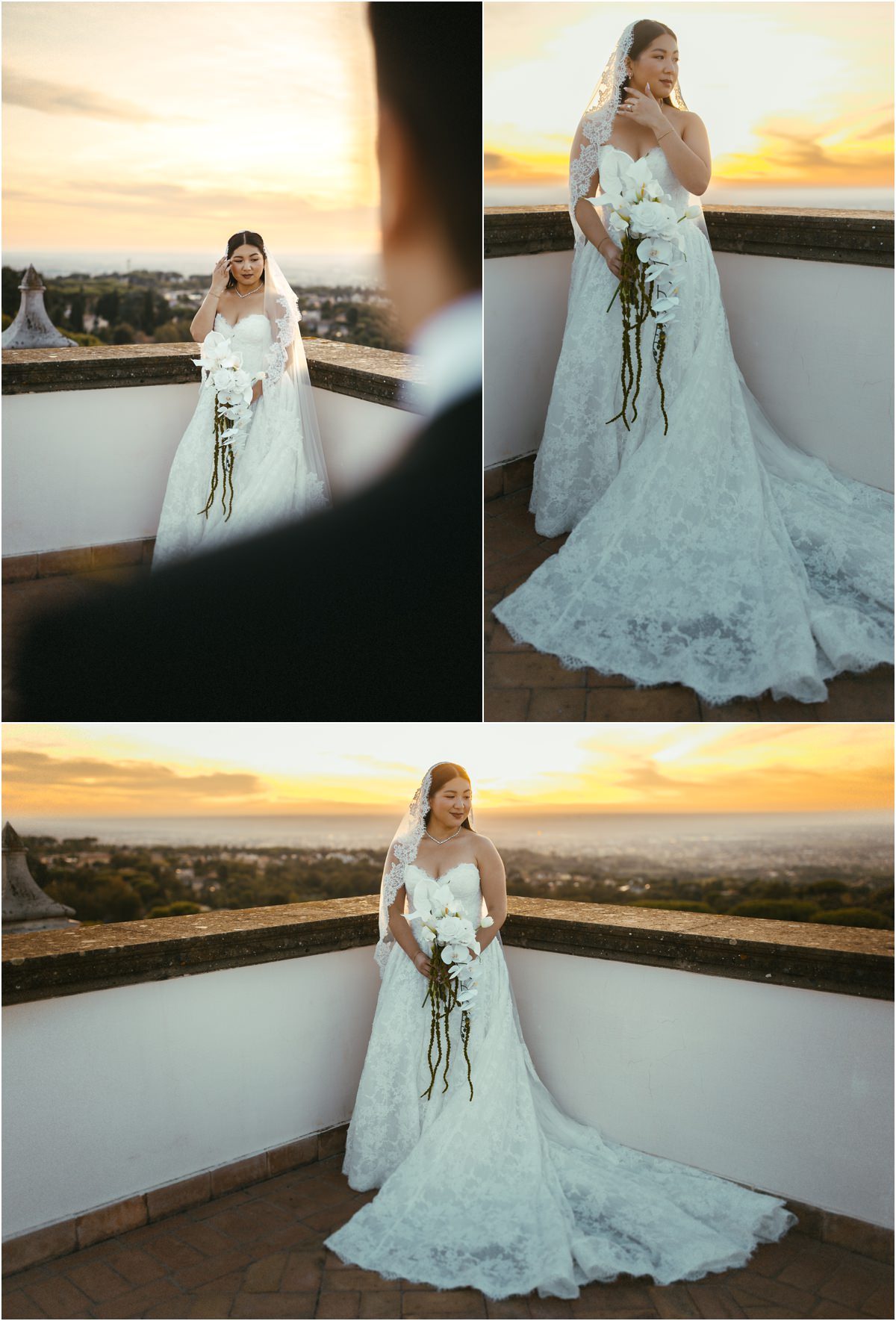 Leah on the Terrace at Sunset Bride Leah with her orchid bouquet on the terrace of Villa Grazioli at sunset, Alessio in the foreground