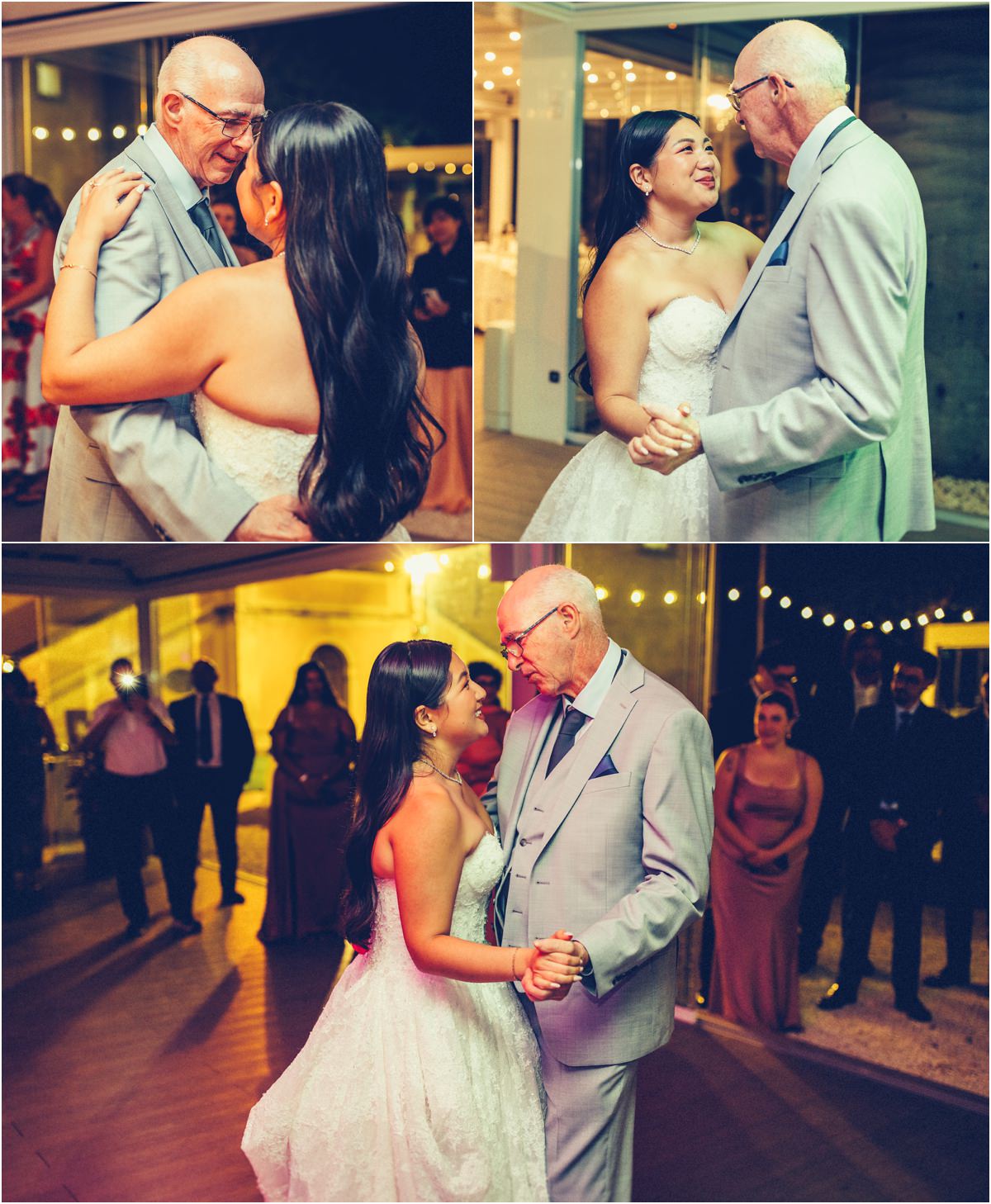 Leah Dancing with Family Bride Leah dancing and laughing with a family member in a light grey suit