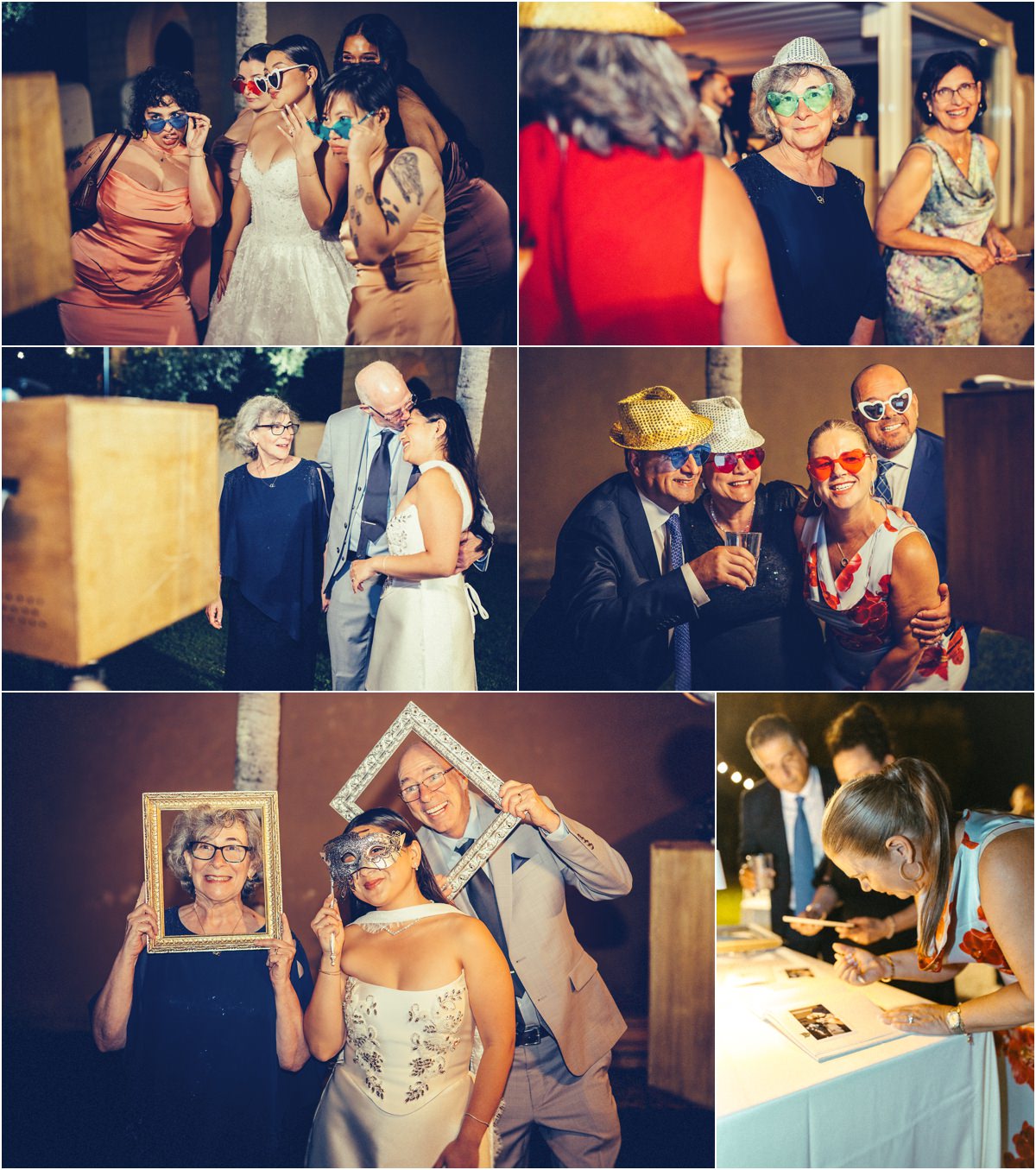 Guests and Photo Props Guests having fun with photo booth props, funny glasses and frames, and writing in the guest book
