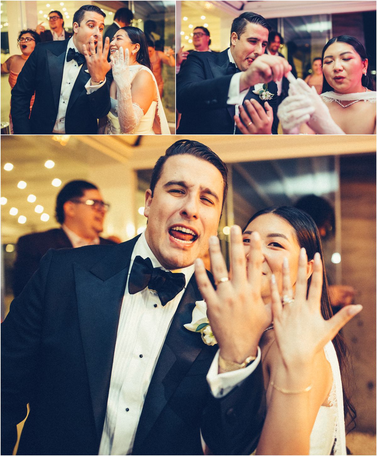 Showing the Rings Alessio and Leah laughing and showing their wedding rings to the camera on the dance floor