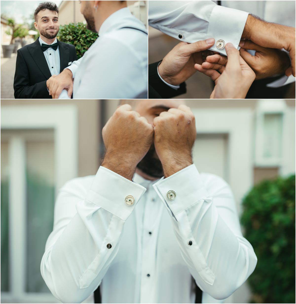I gemelli ai polsini Gemelli allacciati ai polsini della camicia bianca dello sposo, tra le risate degli amici in smoking