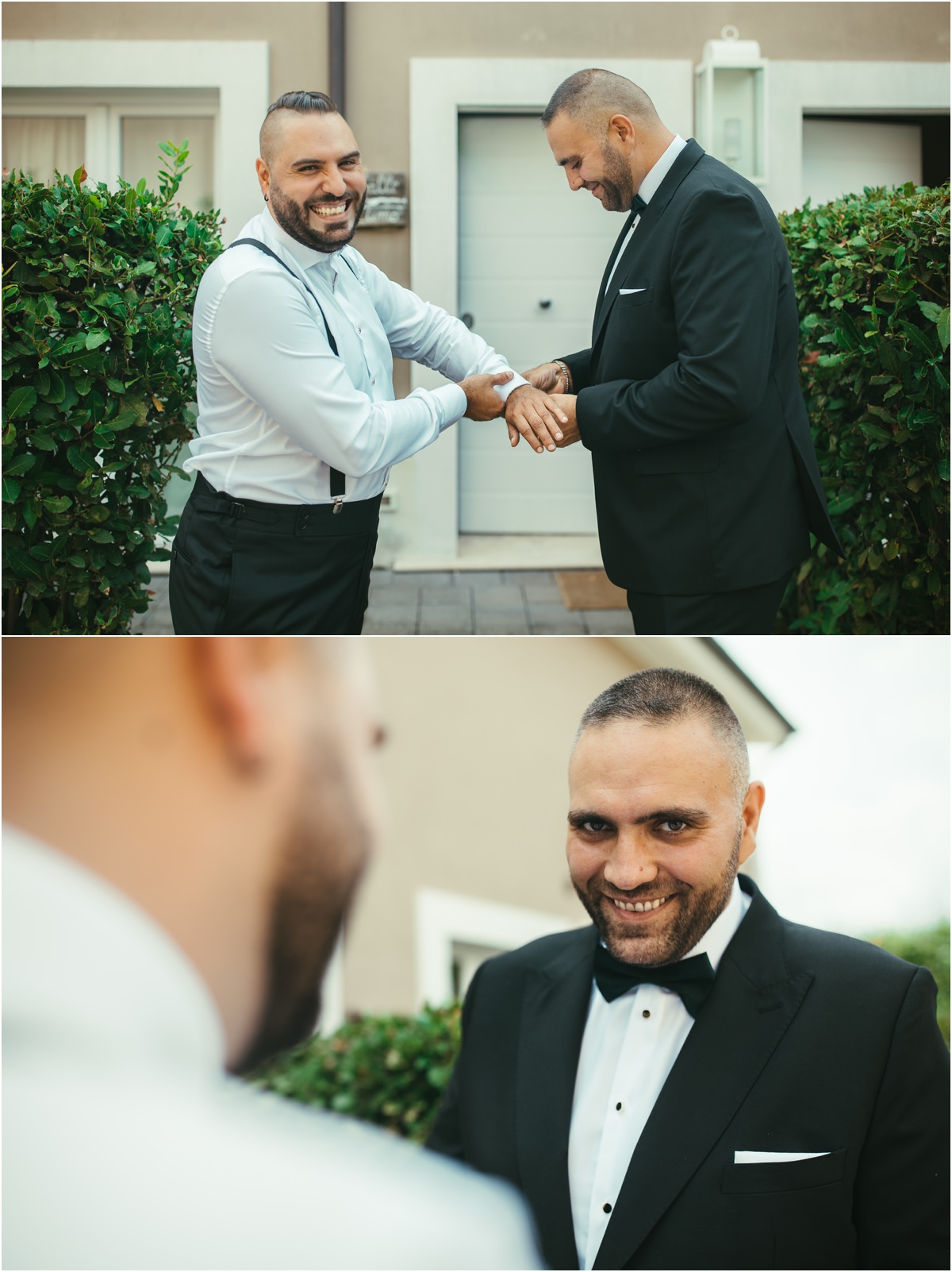Una mano da un amico Un amico in smoking aiuta Davide con i gemelli, sorrisi complici davanti alle siepi di Le Jardin Potager