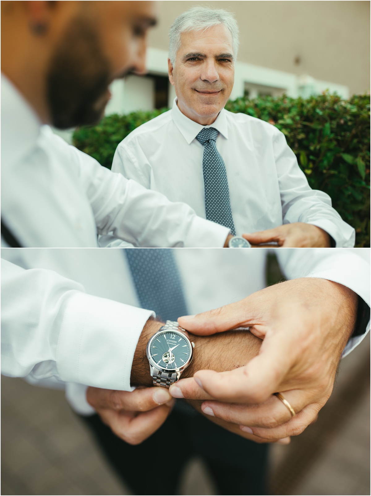 L'orologio al polso Un ospite in cravatta allaccia l'orologio al polso di Davide durante la preparazione dello sposo