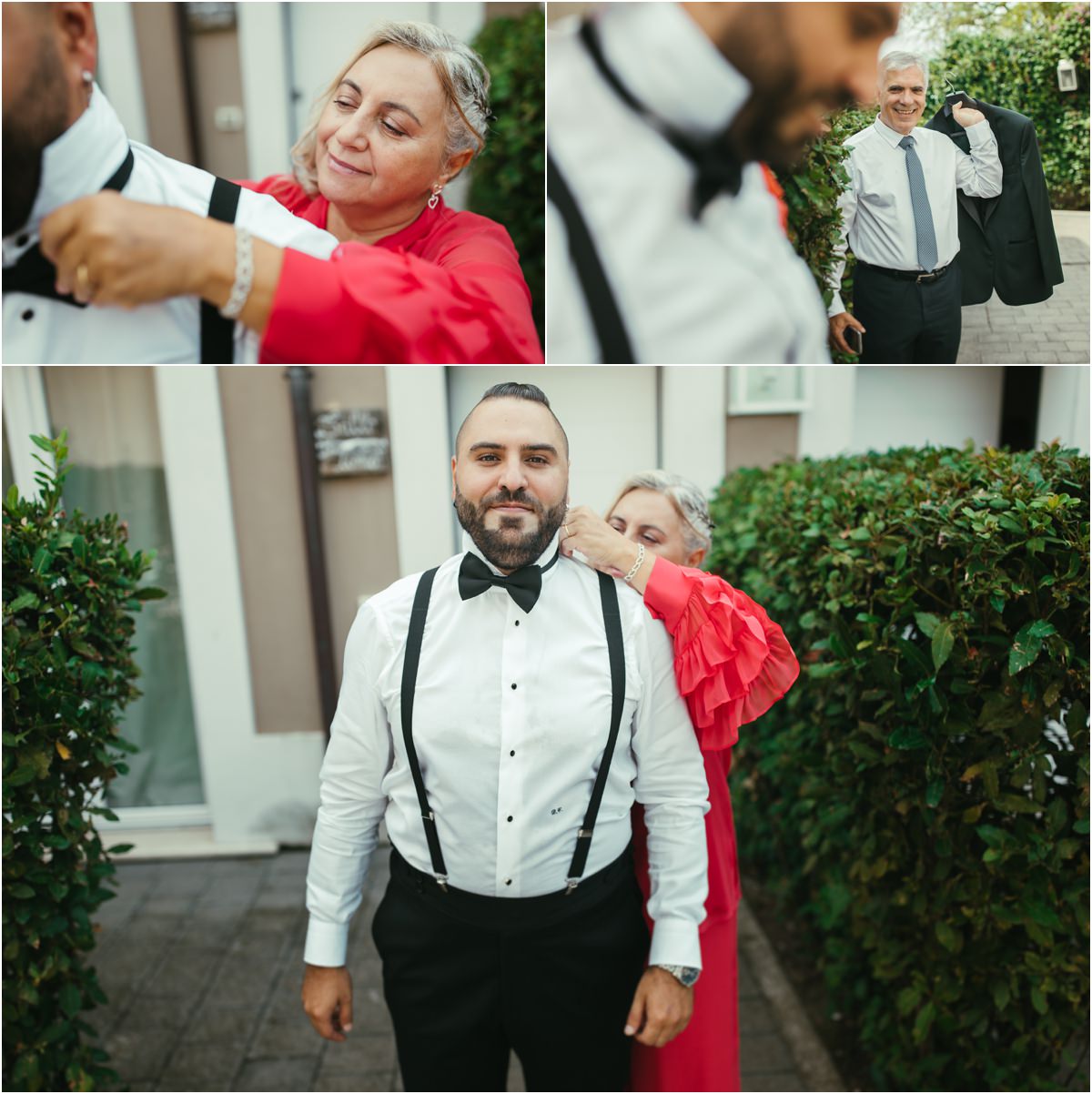 Il papillon sistemato con cura Una signora in rosso sistema il papillon di Davide, mentre un ospite arriva con la giacca dello smoking