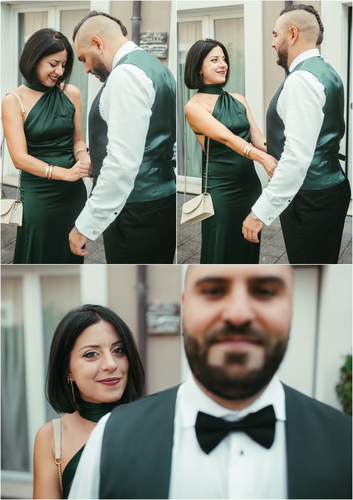 Il gilet verde Una ragazza in abito verde smeraldo sistema il gilet di Davide e sorride alle sue spalle