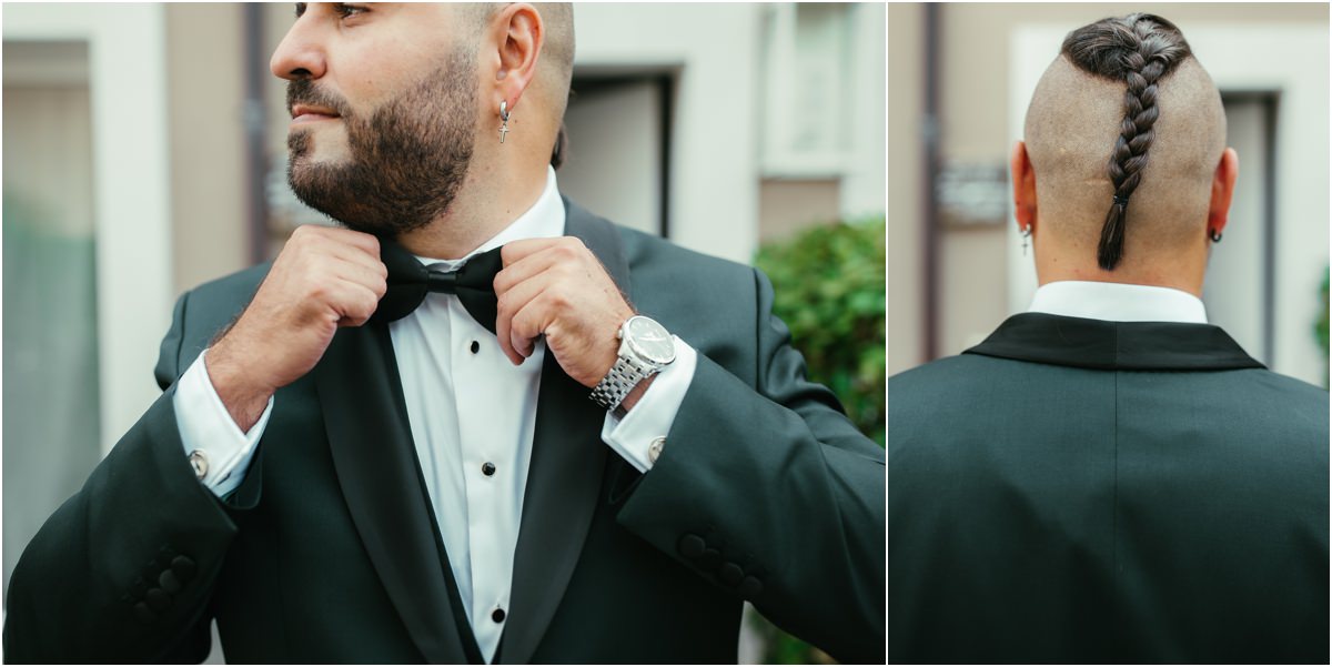Il papillon e la treccia Davide sistema il papillon nello smoking verde, di spalle la treccia che corre sulla testa