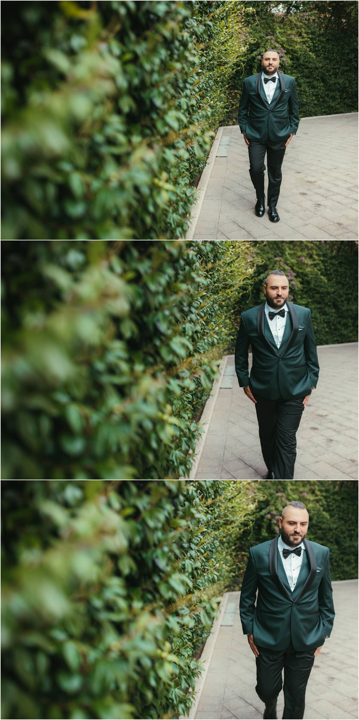 Pronto Davide cammina nel vialetto tra le siepi di Le Jardin Potager nel suo smoking verde