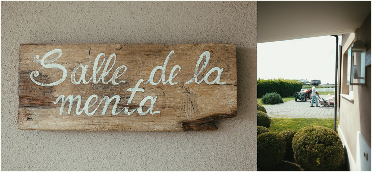 Salle de la menta Cartello in legno Salle de la menta e vista sul giardino di Le Jardin Potager, dove si prepara la sposa