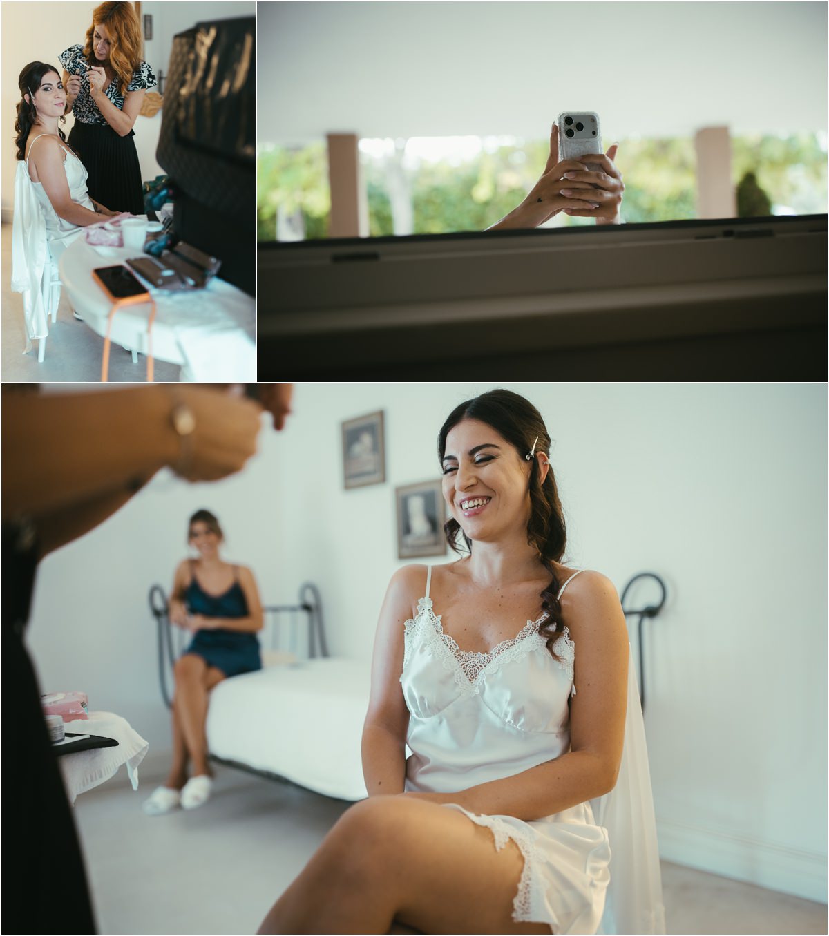 Si comincia Martina sorride in sottoveste bianca durante il trucco, un'amica in blu seduta sul letto alle sue spalle
