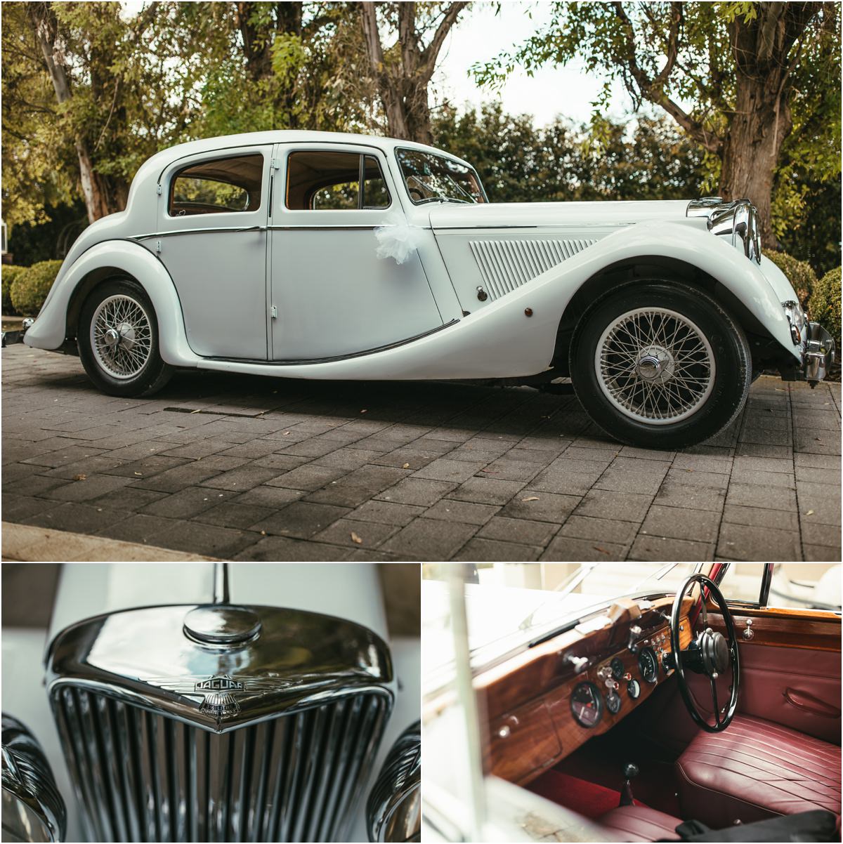 L'auto d'epoca Auto d'epoca bianca con fiocco nuziale nel parcheggio di Le Jardin Potager, dettagli della calandra e degli interni in pelle rossa