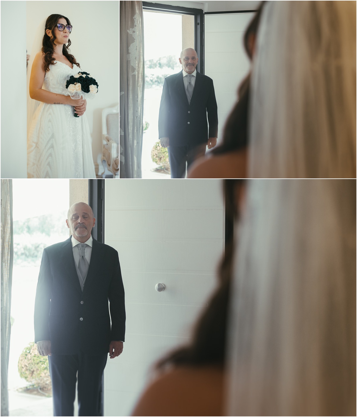 Il primo sguardo Martina con il bouquet e il signore in abito blu che la vede per la prima volta in abito da sposa