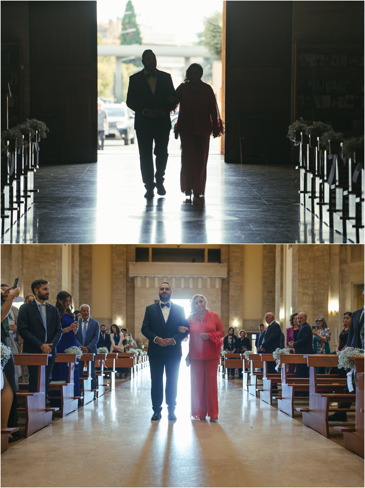L'ingresso dello sposo Davide entra in basilica accompagnato da una signora in corallo, controluce sul portone e poi lungo la navata