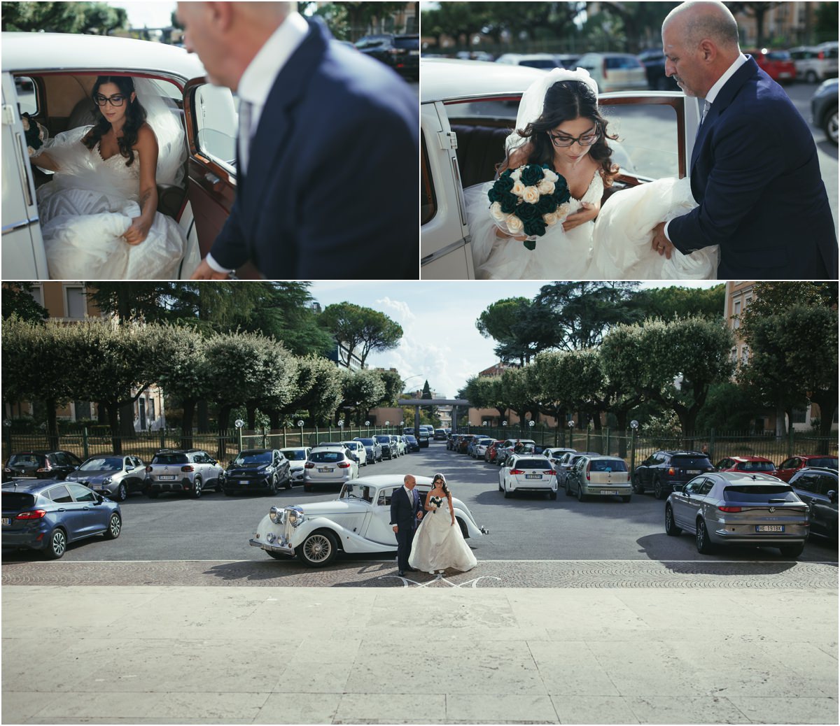 Martina arriva Martina scende dall'auto d'epoca bianca davanti alla basilica della Montagnola, accompagnata dal signore in abito blu