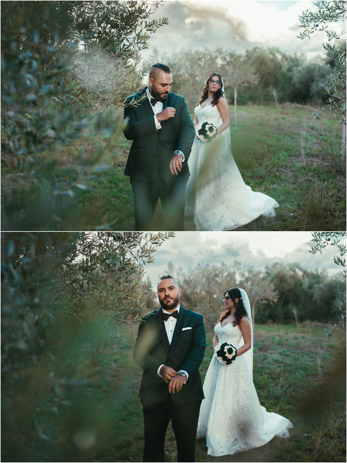 Lui si sistema, lei lo guarda Davide si sistema i gemelli mentre Martina lo guarda sorridendo nell'uliveto