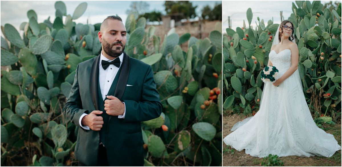 Lui e lei Ritratti di Davide in smoking verde e di Martina con il bouquet tra i fichi d'India