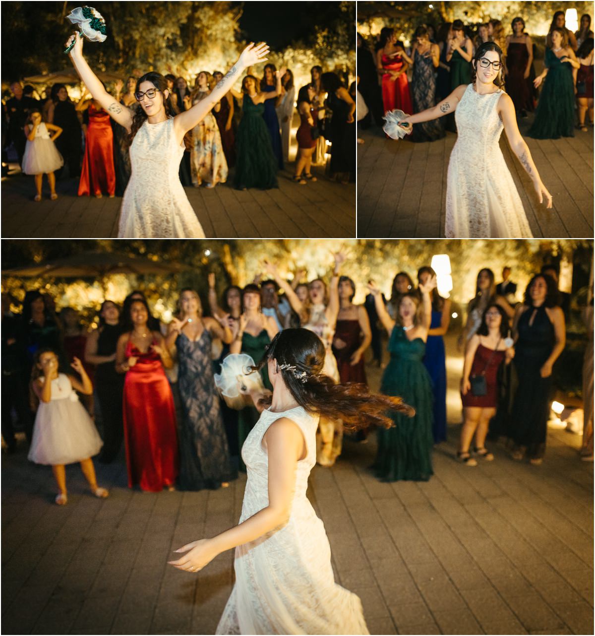 Il lancio del bouquet Martina, nel secondo abito di pizzo, lancia il bouquet alle amiche nel giardino illuminato