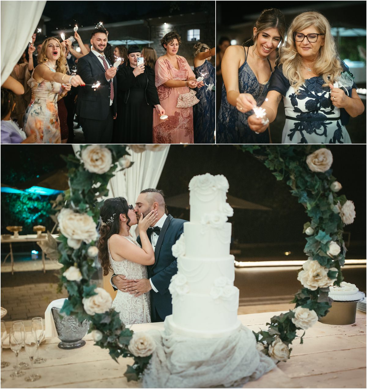 Il taglio della torta Ospiti con le stelline accese e Martina e Davide che si baciano accanto alla torta a piani sotto l'arco di rose