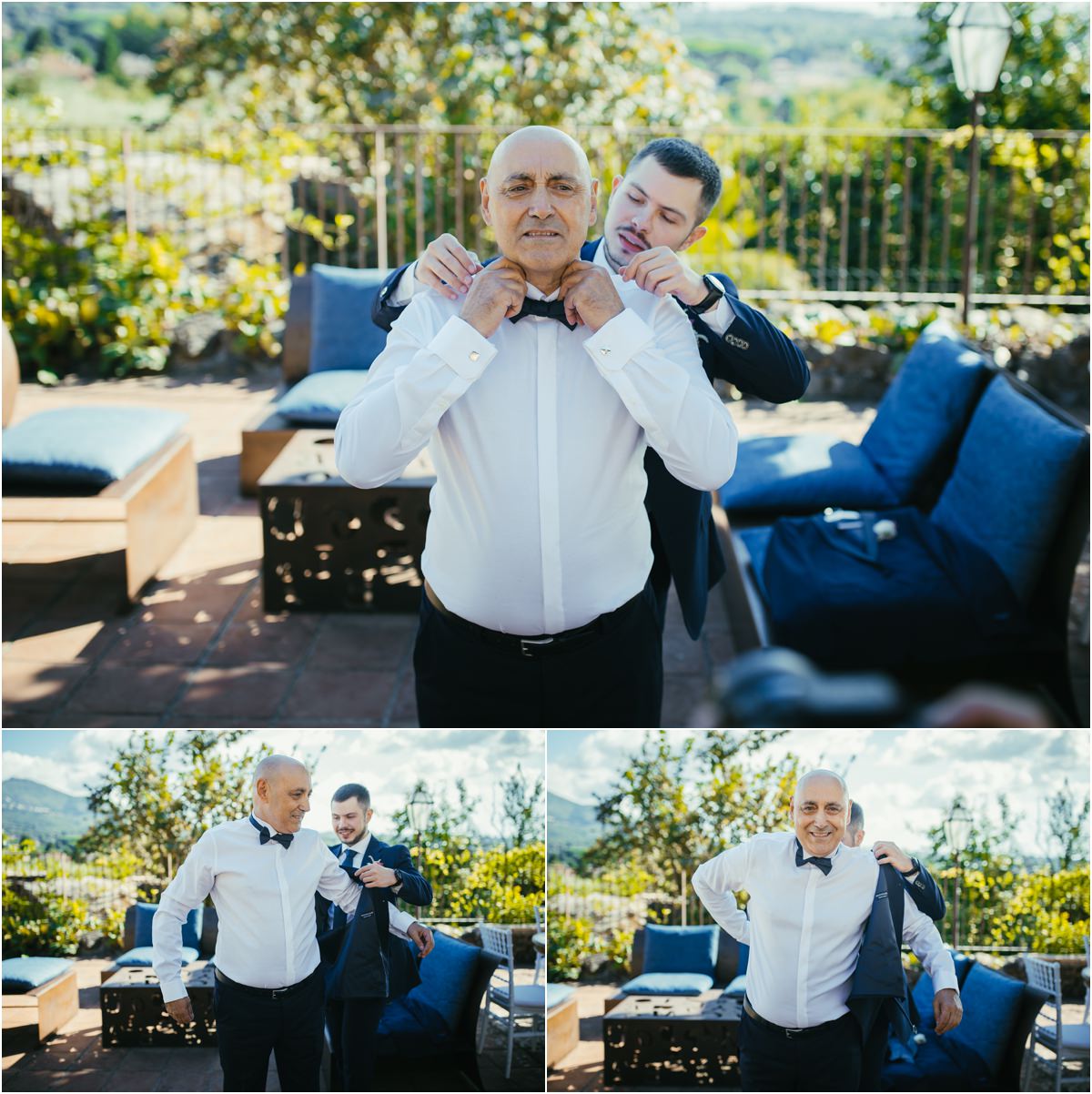 Lo sposo sistema il papillon Giuseppe sistema il papillon in terrazza con l'aiuto di un familiare