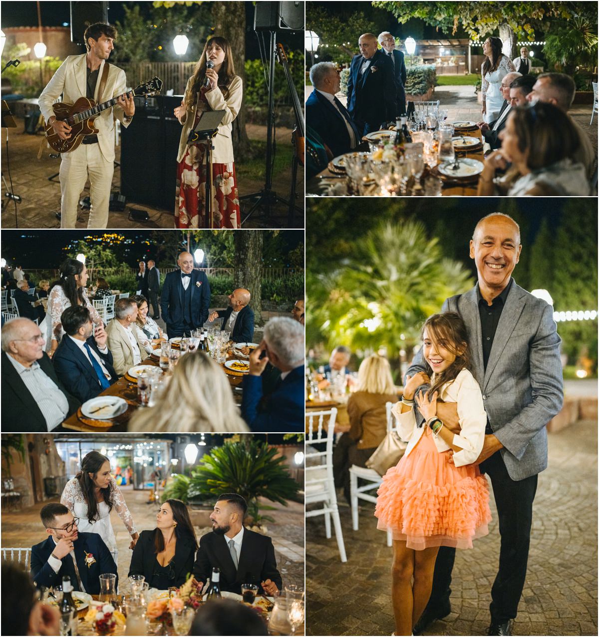 Musica e invitati alla festa Musica dal vivo e invitati ai tavoli durante la festa