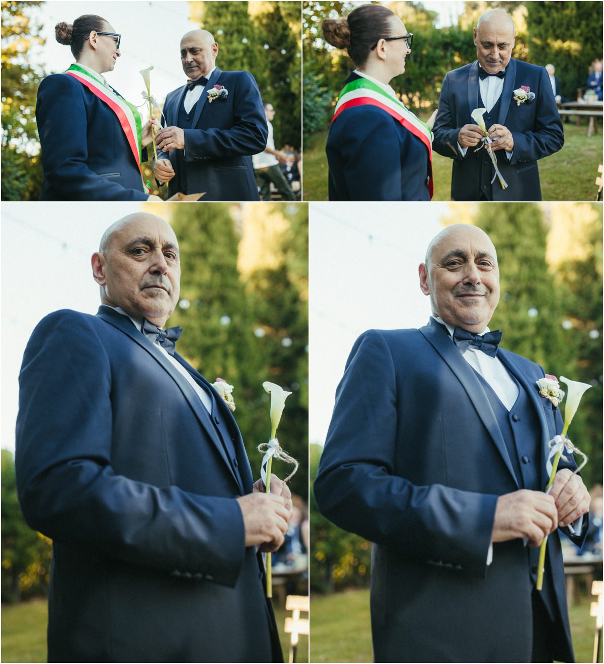 Lo sposo con la calla Giuseppe riceve un fiore di calla prima della cerimonia e sorride