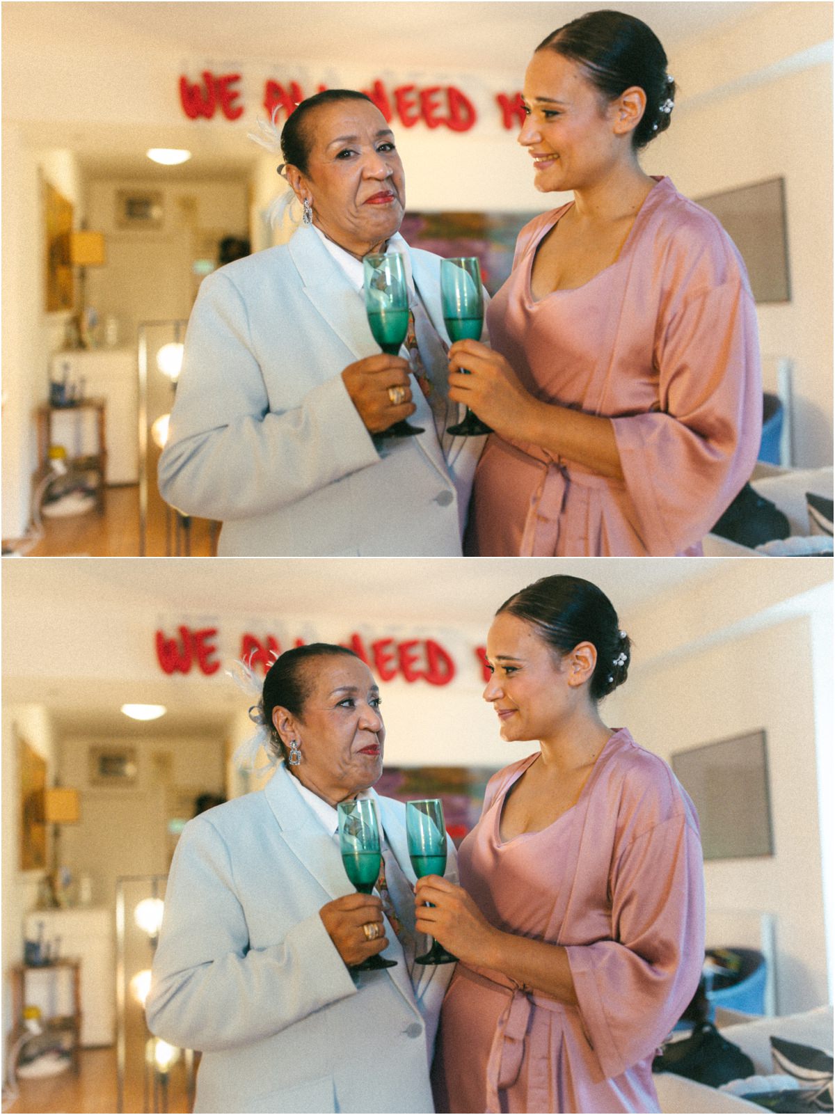 Brindisi della sposa con la mamma Alice brinda con la mamma durante la preparazione della sposa