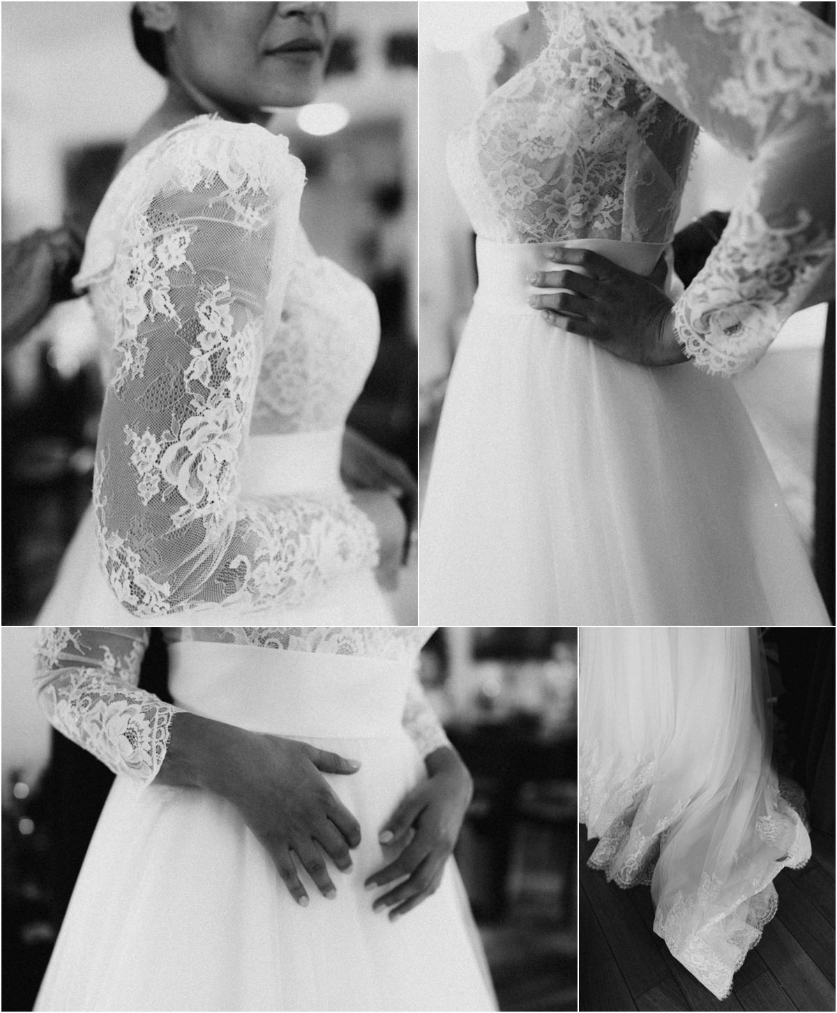 Abito da sposa in pizzo, dettagli Dettagli in bianco e nero dell'abito da sposa in pizzo di Alice