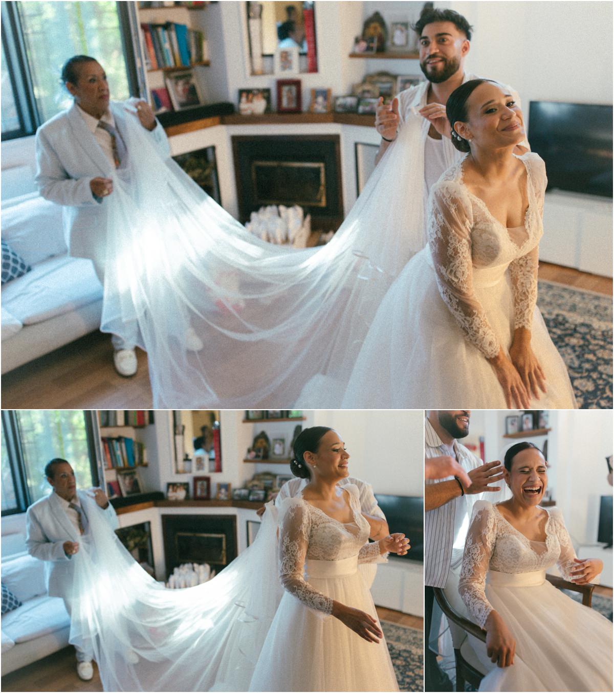 Velo da sposa, ultimi ritocchi La mamma sistema il lungo velo della sposa Alice