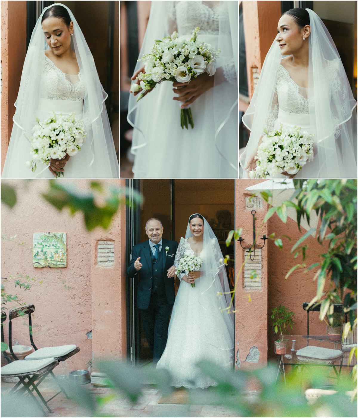 Sposa e papà a Villa Parco Iris La sposa Alice con il bouquet bianco esce con il papà da Villa Parco Iris